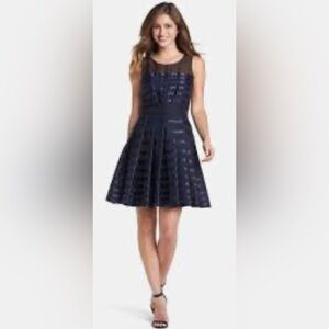 Halston Heritage Illusion Shoulders Silk Ribbon Stripe Dress Black/Navy ZB8